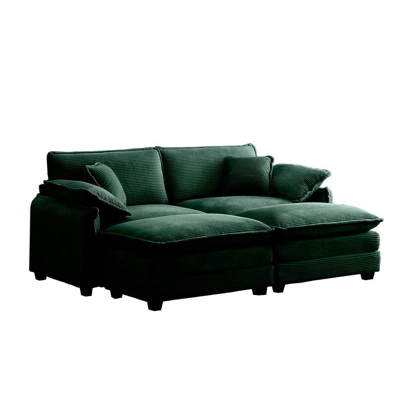 Green 4-Piece Corduroy Modular Sleeper Sectional Sofa, 2 Removable Ottomans & 4 Pillows