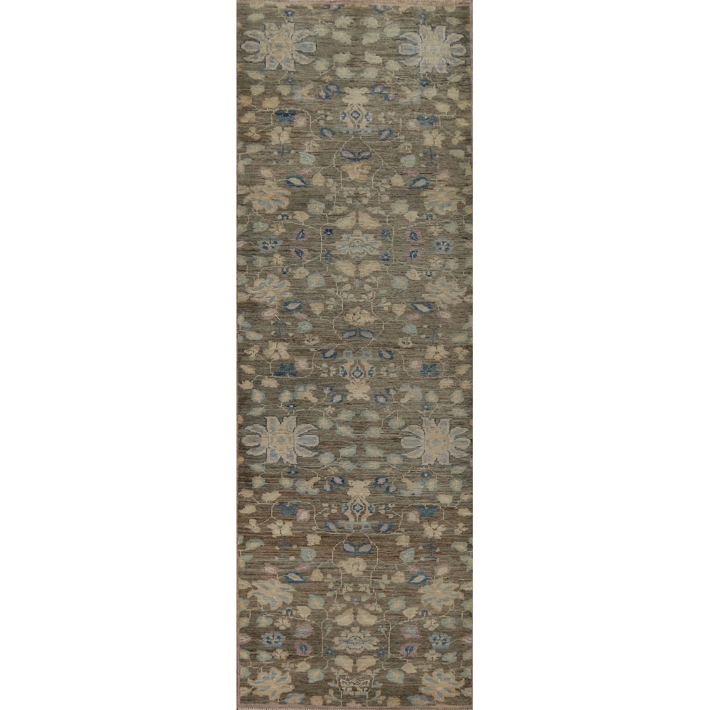 Hand Knotted Oriental 100% Wool Carpet Transitional All-Over Greys & Charcoal Oushak Runner Rug - 11' 8'' X 3' 0''