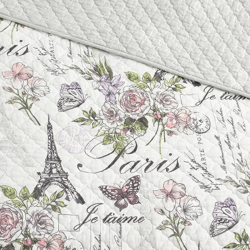 Paris Floral Pink Cotton 3-Piece Reversible Quilt Set