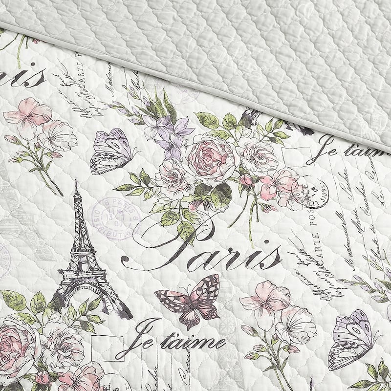 Paris Floral Pink Cotton 3-Piece Reversible Quilt Set