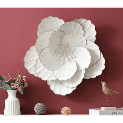 25-Inch Distressed White Metal Flower Wall Decor