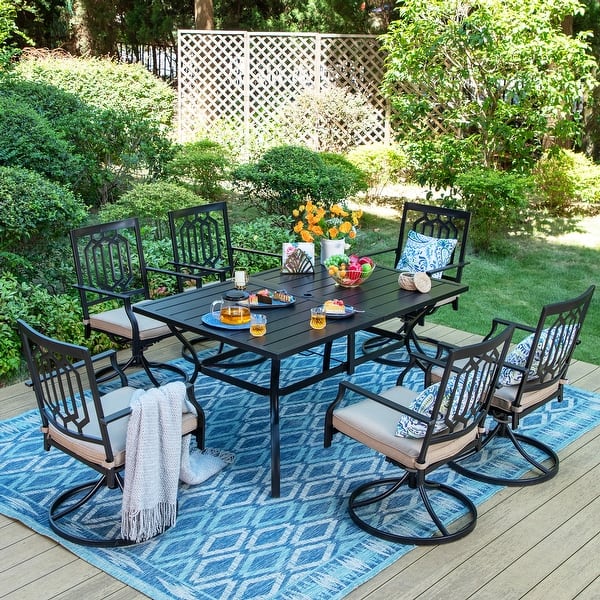 Steel 7piece Outdoor Dining Table and Swivel Chair Set with Cushions