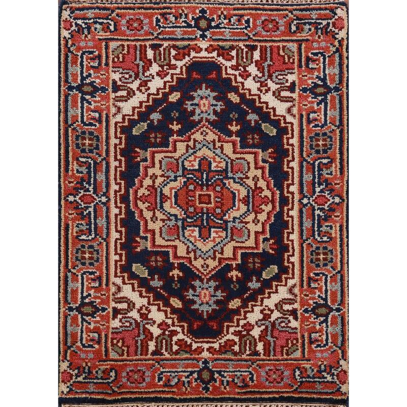 Hand Knotted Oriental 100% Wool Carpet Traditional Medallion Navy Blue & Blues Heriz (serapi) Area Rug - 3' 0'' X 2' 0''