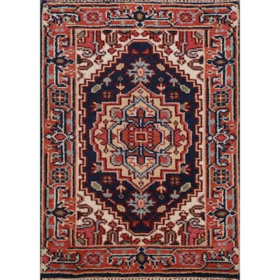 Hand Knotted Oriental 100% Wool Carpet Traditional Medallion Navy Blue & Blues Heriz (serapi) Area Rug - 3' 0'' X 2' 0''