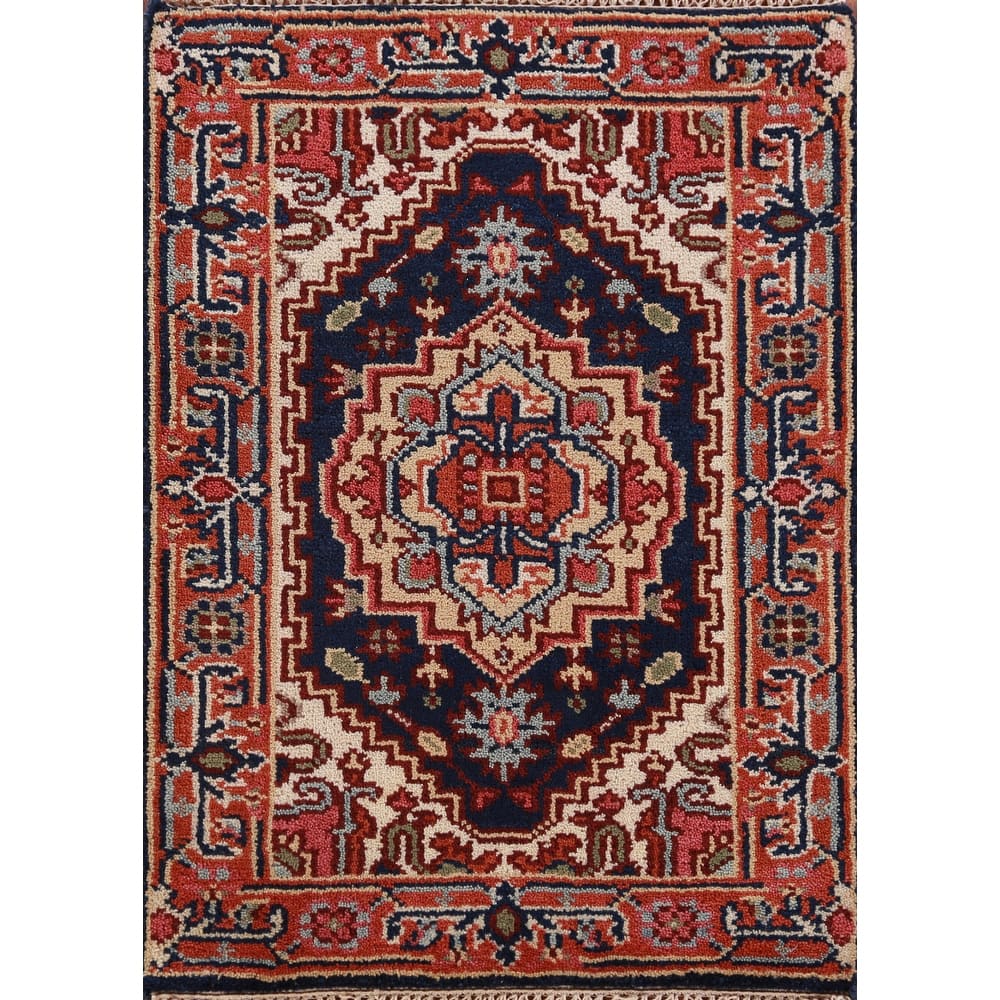 Hand Knotted Oriental 100% Wool Carpet Traditional Medallion Navy Blue & Blues Heriz (serapi) Area Rug - 3' 0'' X 2' 0''