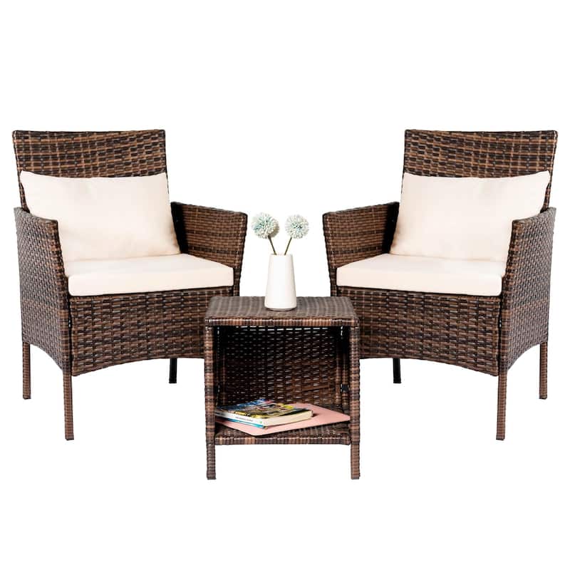 3 Piece Patio Conversation Bistro Set, Porch Balcony Furniture Set Outdoor Chat Furniture, Wicker Chairs and Storable Table Set