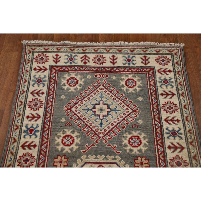 Geometric Kazak Runner Rug Handmade Oriental Grey Wool Carpet - 2'7" x 16'3"