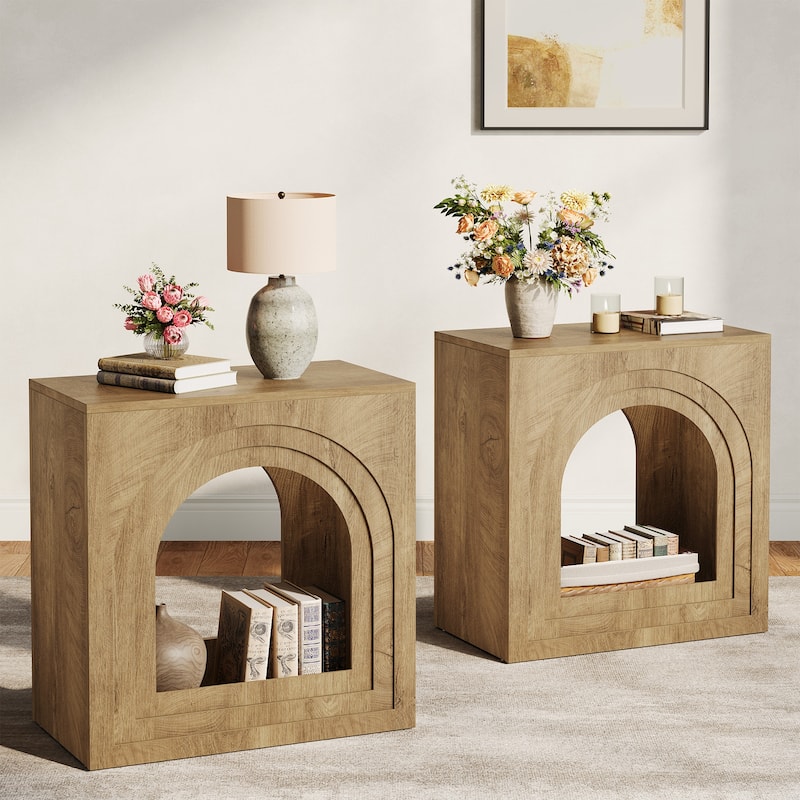 Square End Table, 2-Tier Accent Side Table with Open Shelf, Arched Nightstand for Living Room, Bedroom