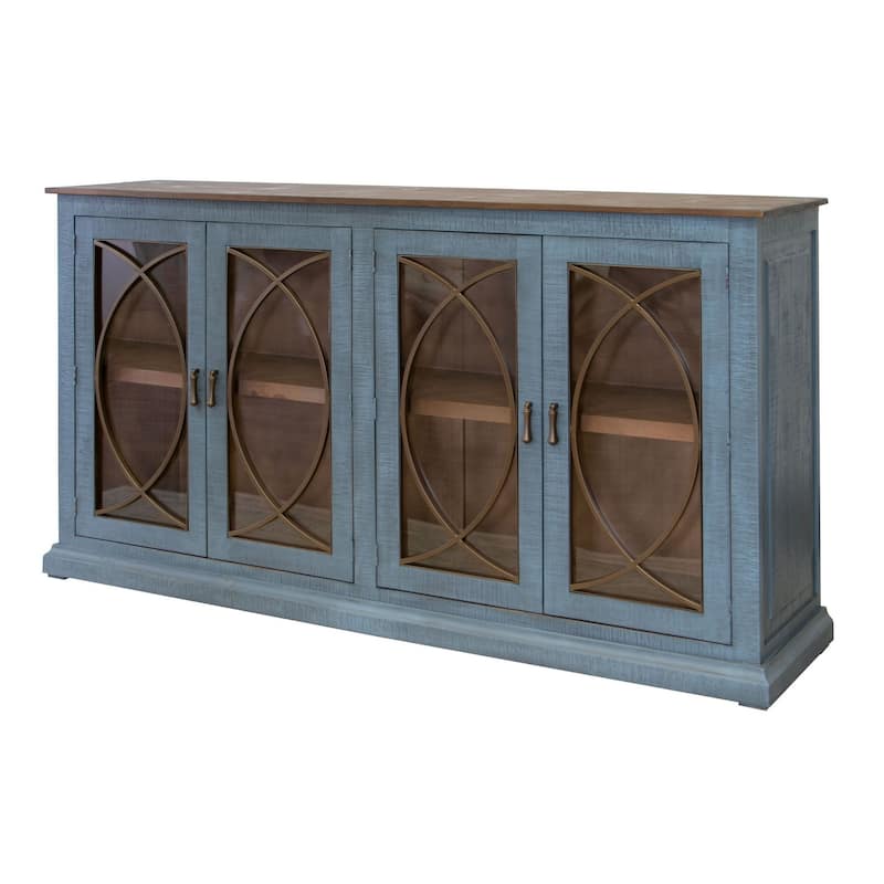 Miln 77 Inch Sideboard Console, Blue Pine Wood, 4 Doors, Gold Accents