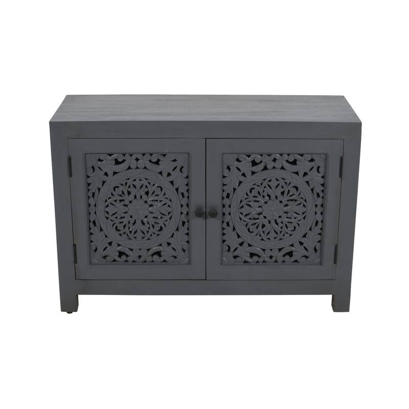 HomeRoots 30" Gray Distressed Solid Wood Textured Door Accent Cabinet With Two Doors