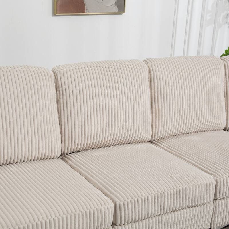 129.14" Corduroy 6-Piece Modular Sectional Sofa with Storage Ottoman, USB Charging and Cup Holders