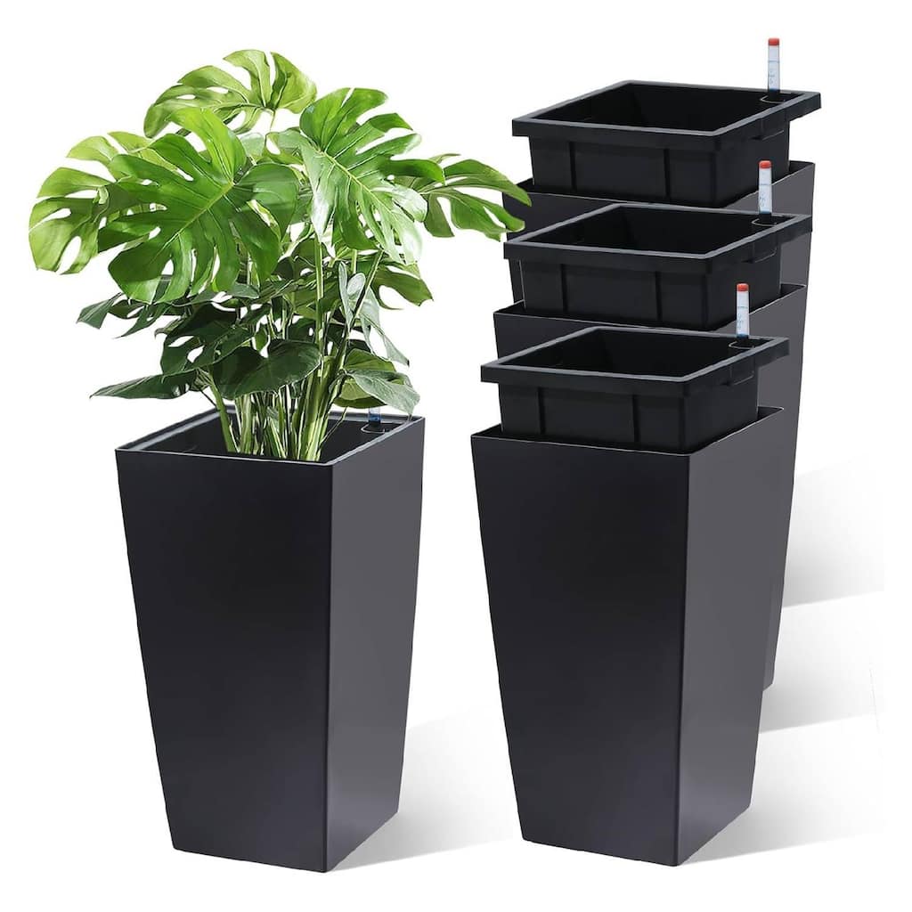 Set of 4 Outdoor Indoor Planter Pots with Drainage Holes, Water Level Monitor, Inner Bucket