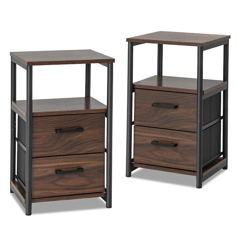 Gymax 2PCS Nightstand Bedside End Table with 2 Fabric Drawers &