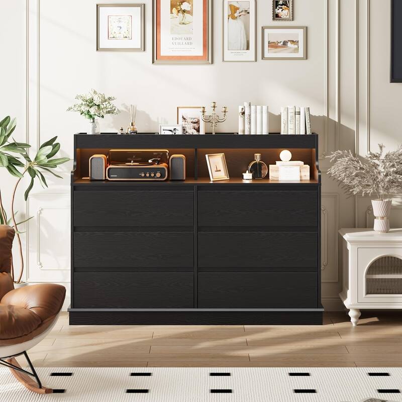 6-Drawer Dresser w/ LED Lights & Charging Station, Wide Storage Cabinet