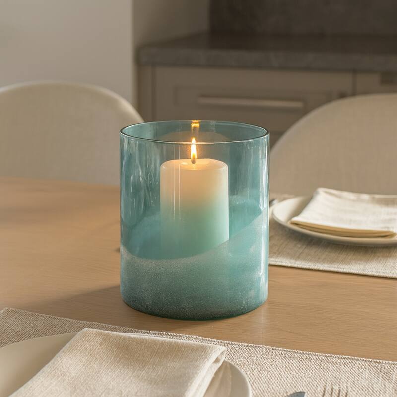 Glass Frosted Bottom Hurricane Candle Holder - Blue