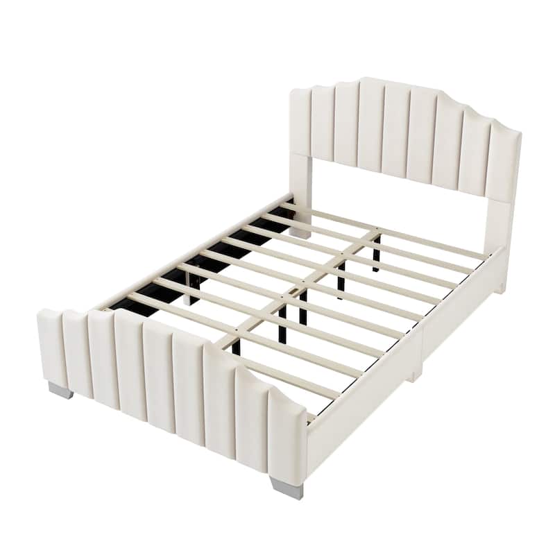Queen Size Velvet Platform Bed with Vertical Channel Tufted Headboard and Footboard, Sturdy Wood Frame