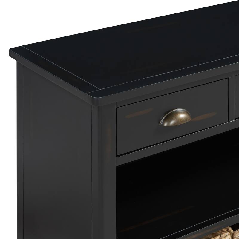 Console Table with 3 Storage Drawers, Entryway Table with 3 Water Hyacinth Woven Baskets, Sofa Table with Wooden Top