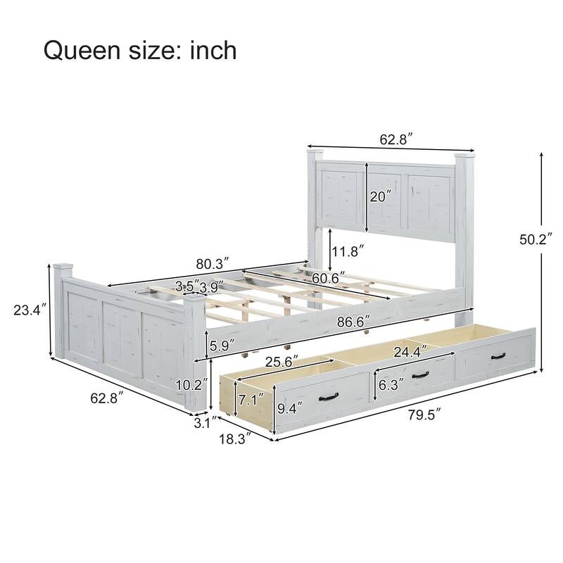 White Distressed Platform Bed Frame Wood Panel Bed w/ 3 Storage Drawers