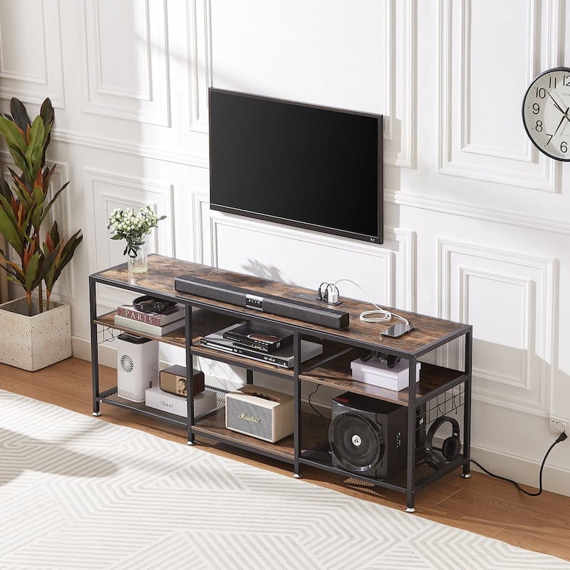 VECELO Wood TV Stand with Charging Station with Metal Frame, Storage Shelves Entertainment Center TV Cabinet