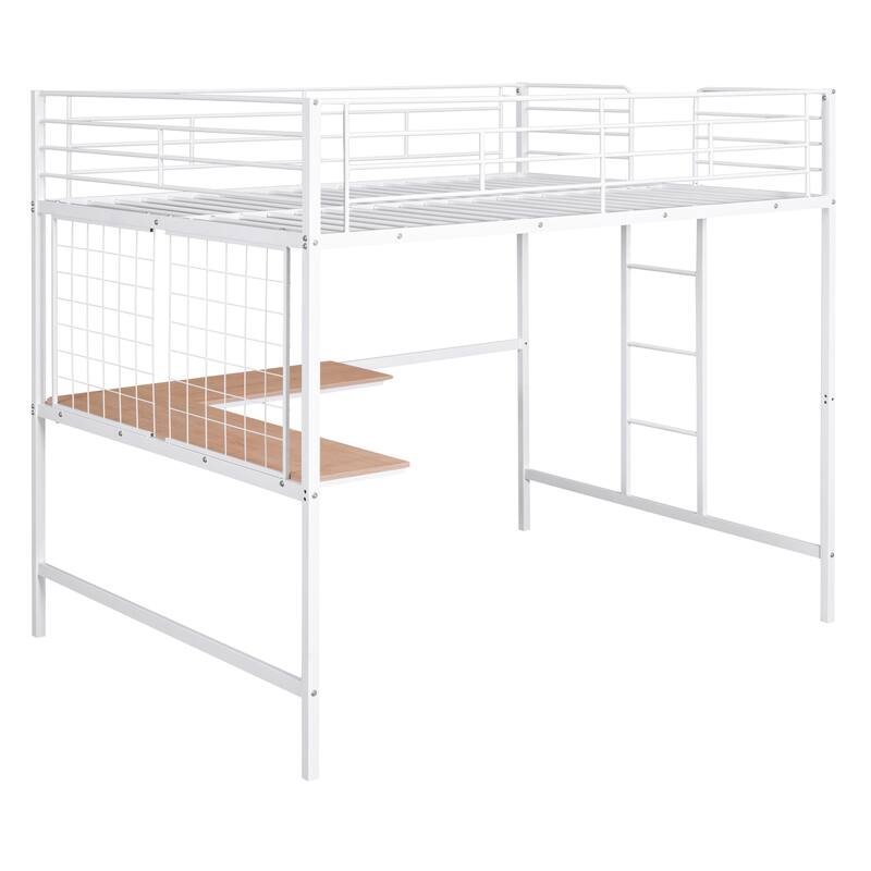 Metal Loft Bed with Desk, Ladder and Metal Grid for Kids, Teens, Girls, Boys