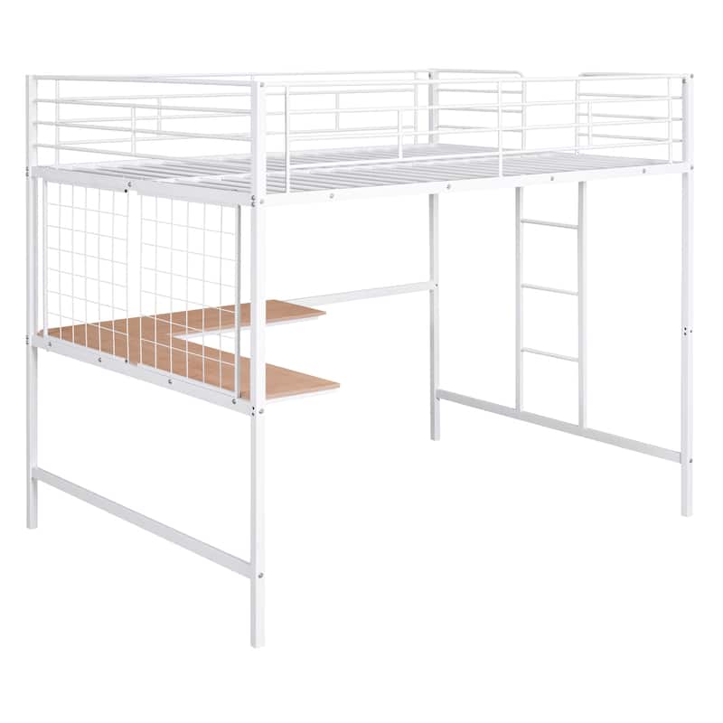 White Full Metal Loft Bed with Desk and Storage Space, Durable and Stylish