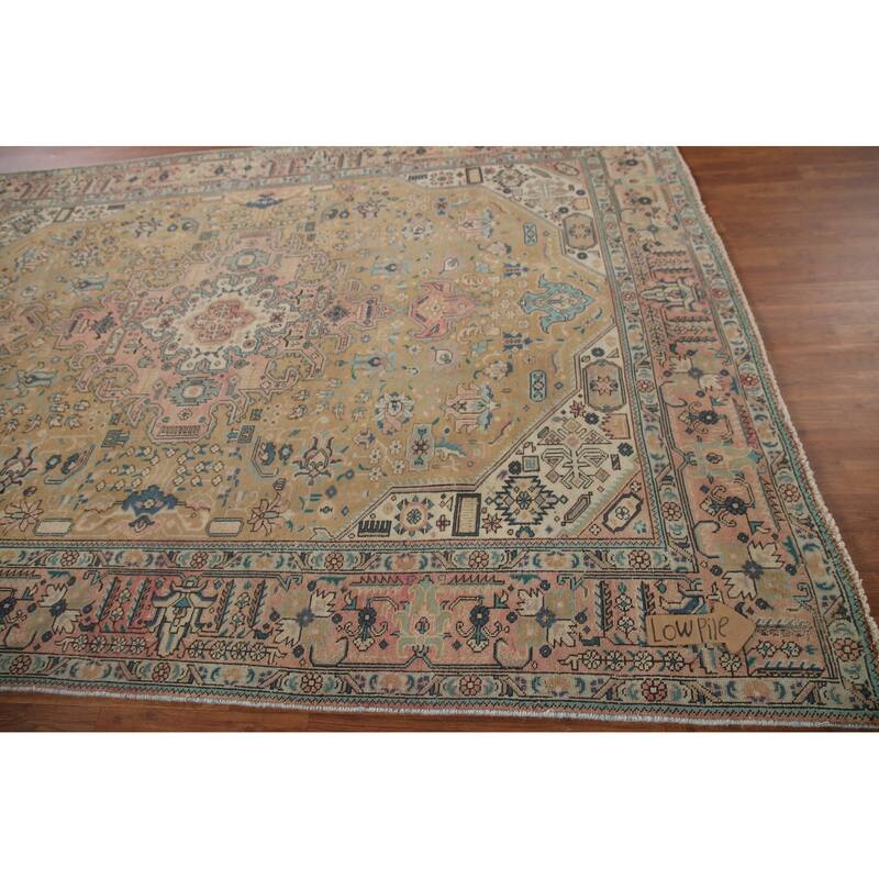 Hand Knotted Oriental 100% Wool Carpet Traditional Medallion Yellow & Gold Tabriz Area Rug - 9' 8'' X 6' 10''