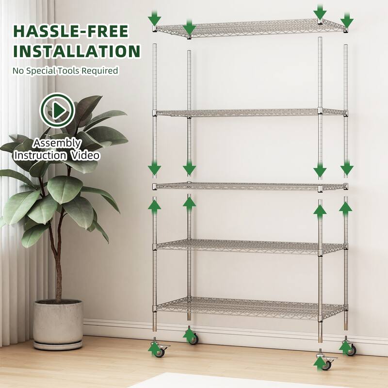 47''W x 24''D x 72''H 5 Tier Heavy Duty Adjustable Kitchen Shelving Unit, Wire Storage Shelves with Wheels
