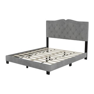 Queen Platform Bed with Tufted Velvet Headboard and Rivet Detail