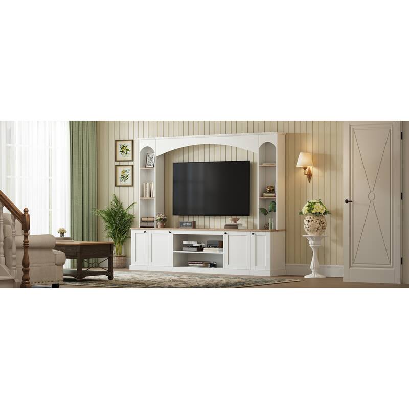 Elegant Arched Farmhouse TV Stand with Wood Grain, for TVs Up to 70" - 91.6" W × 14.9" D × 73.8" H