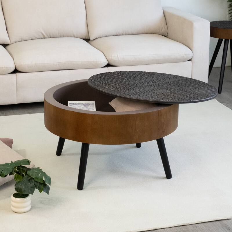 GDFStudio Veyrion Carved Round Coffee Table with Storage and Mid-Century Modern Design