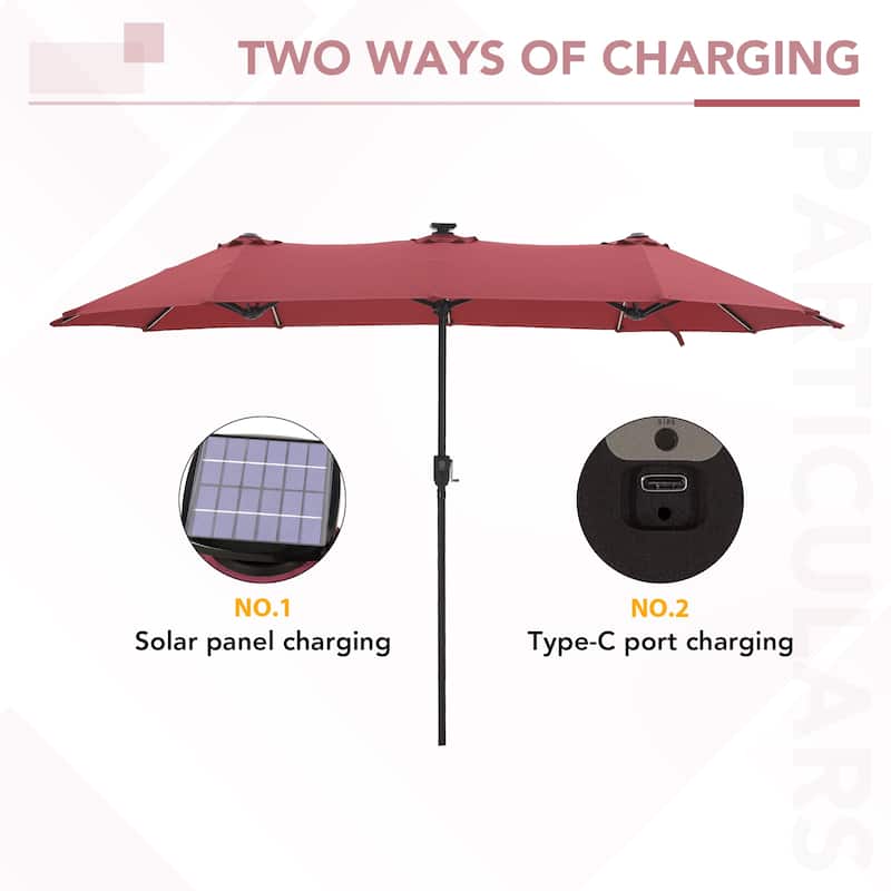 MAISON ARTS Double-Sided 13-foot Twin Outdoor Market Crank Umbrella with Colored LED Lights