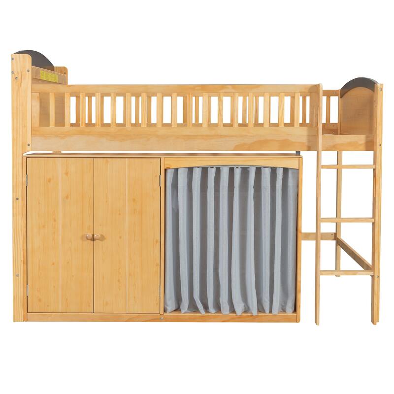 Kids Wooden Loft Bed with Double Door Wardrobe, Storage Headboard Built-in LED, Storage Cabinet and Curtain for Children's Room