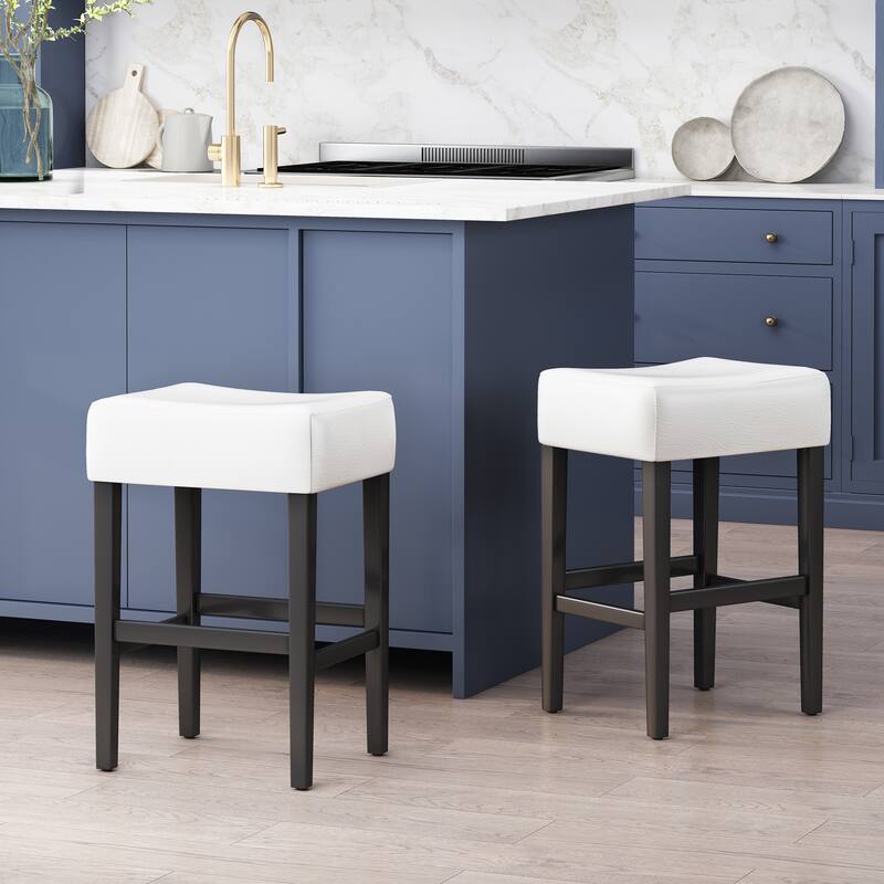 Modern Set of 2 Bar Stools with Leather Padded Seat, Solid Wood Legs, for Dining Room, Living Room, and Bar Counter
