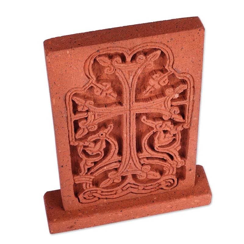 Novica Handmade Spiritual Cross Tuff Stone Stela Sculpture