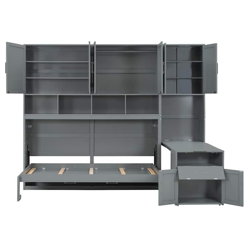 Twin Size Murphy Wall Bed with Closet, Drawers, and Desk, Space-Saving Storage Solution