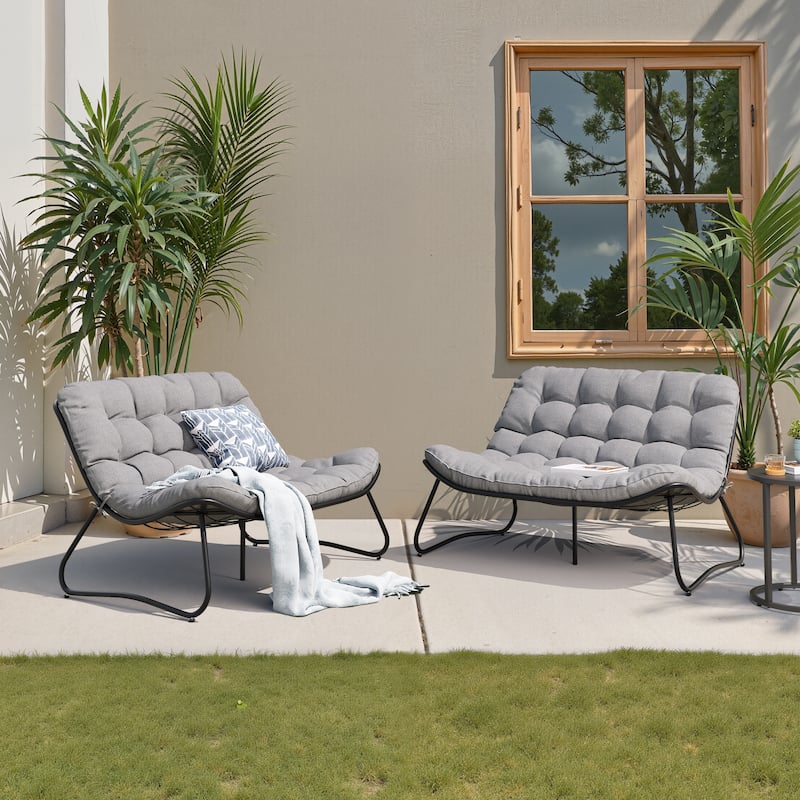 Double Papasan Chair Loveseat Conversation Cushioned Chair Seat for Indoor Outdoor - Dark Grey - 2PC
