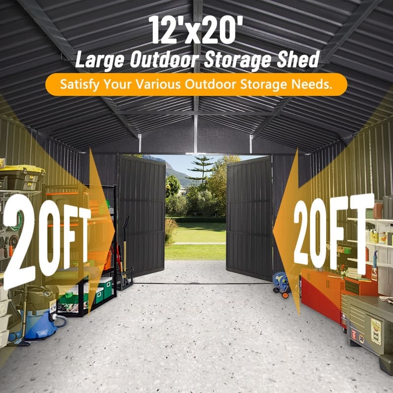 Domi 12x15FT Outdoor Metal Garage Shed,Extra Large Metal Carport with Lockable Double Doors,Heavy Duty Car Shelter,Dark Grey