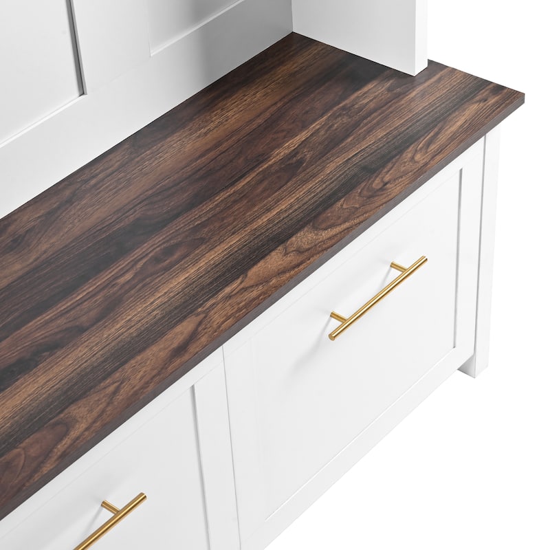 Roomfitters Mudroom 4-in-1 Hall Tree with Storage Bench, Versatile Coat Rack with 6 Golden Hooks and Multiple Storage Sections