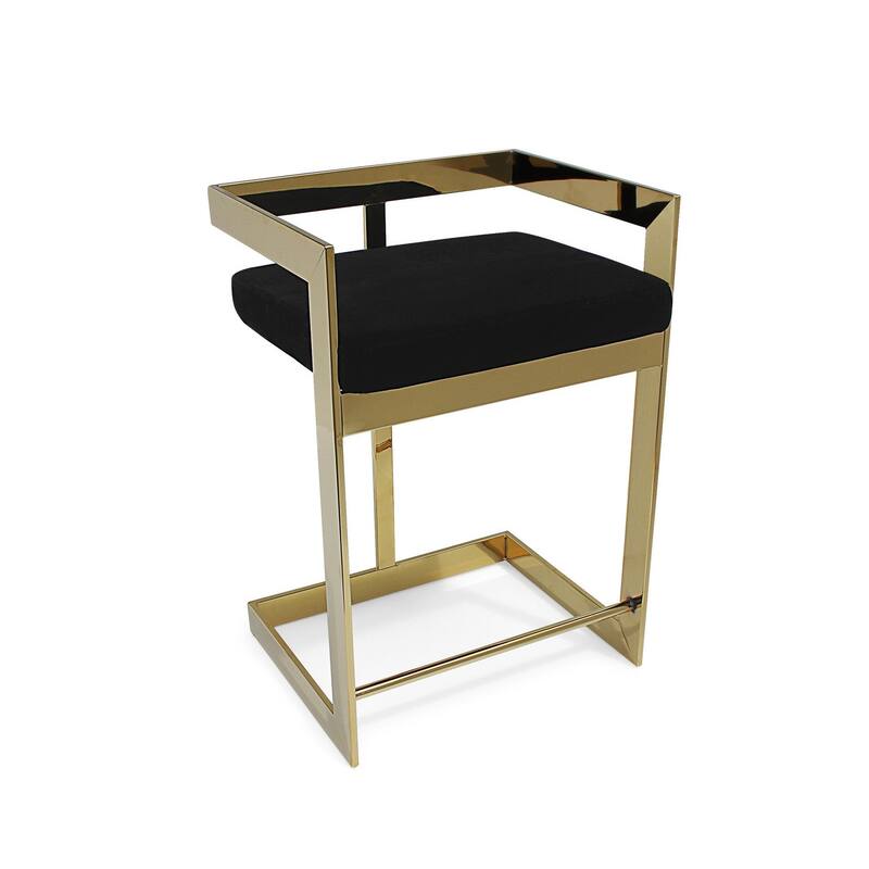 30" Black And Gold Velvet And Stainless Steel Low Back Bar Height Bar Chair