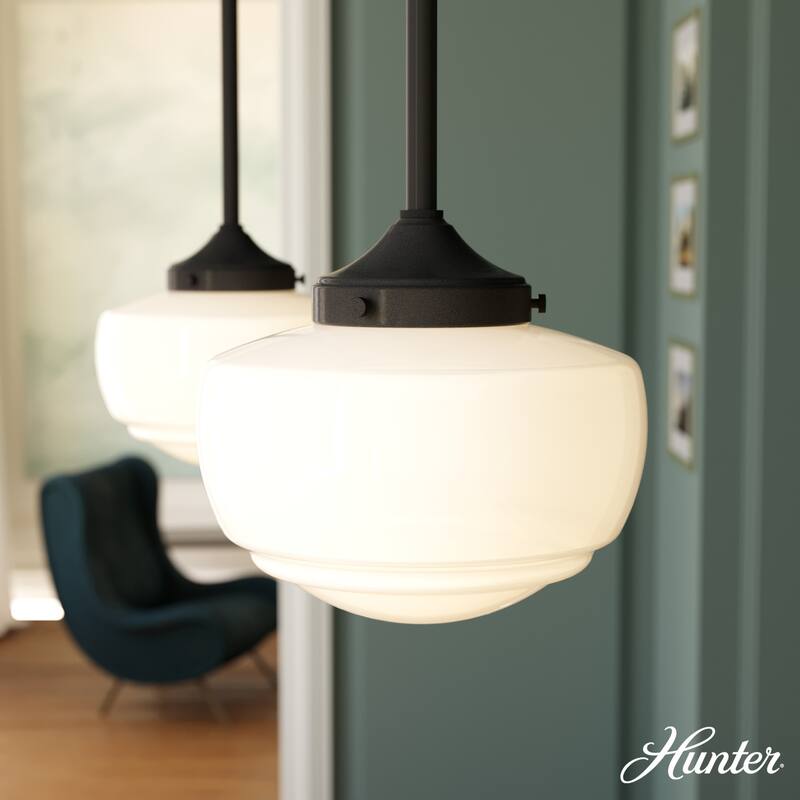 Hunter Saddle Creek 1-Light Mini Pendant / Semi-Flush Mount Ceiling Light - Kitchen Island, Dining Room, Hallway - Noble Bronze-White Glass