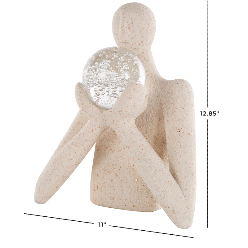 Cream Polystone Abstract Textured People Decorative Sculpture with Clear Glass Ball and Gold Speckles