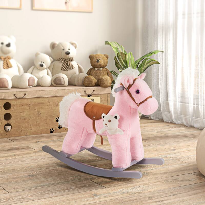 Kids Plush Ride-On Rocking Horse with Bear Toy, Children Chair with Soft Plush Toy & Fun Realistic Sounds, Pink