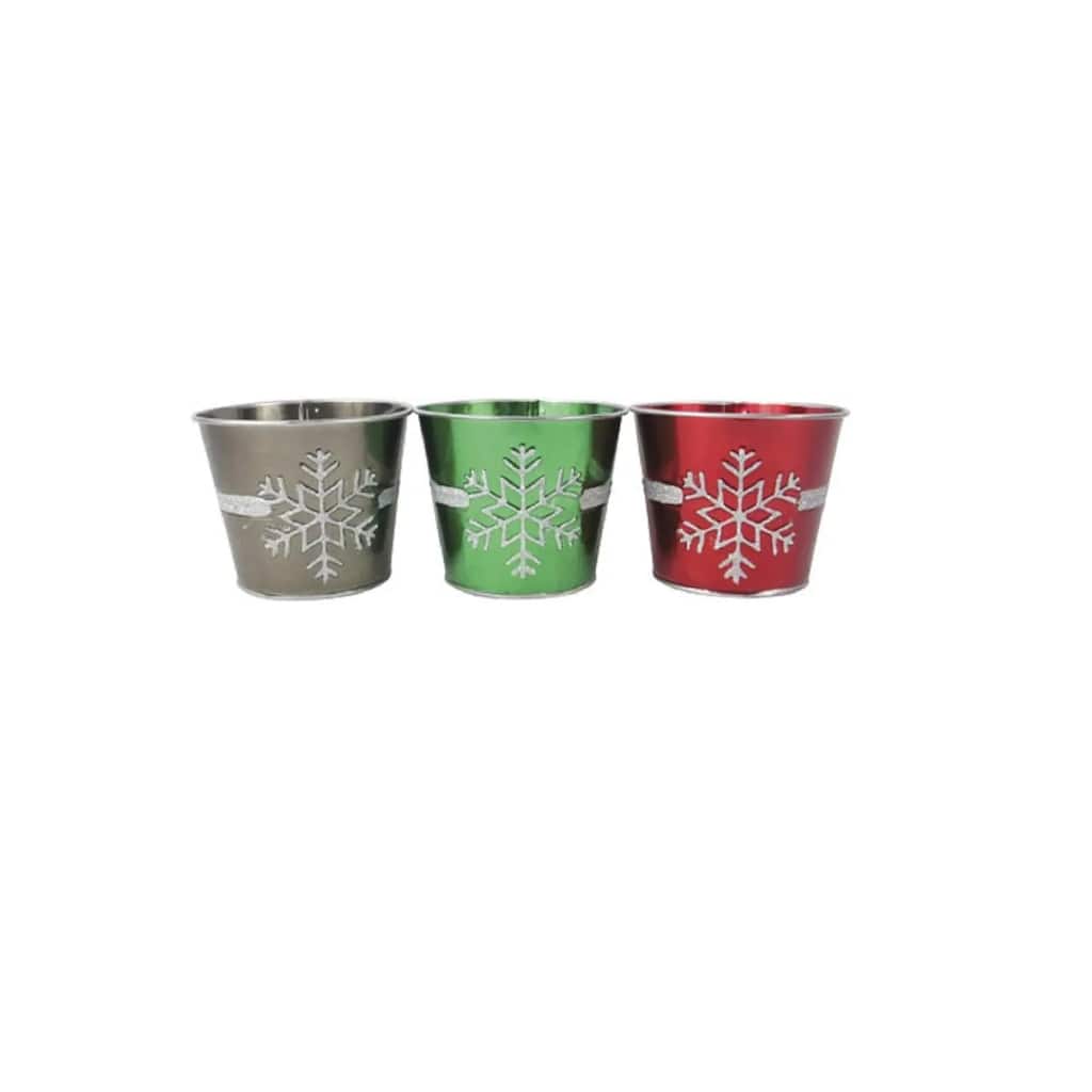 Set of 3 Red, Green and Silver Glitter Snowflake Decorative Christmas Tin Pots 5"