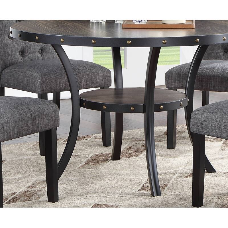 Modern Classic Dining Room Furniture Natural Wood Round Dining Table 4x Side Chairs Charcoal Fabric Tufted Roll Back Top