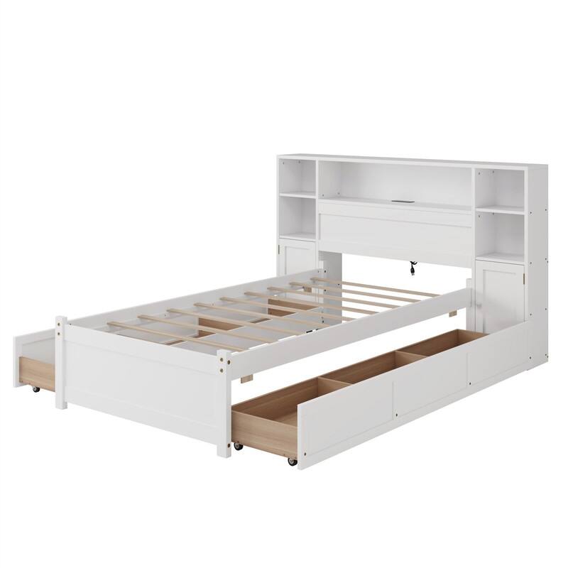 Twin/Full Size Platform Bed with 6 Storage Drawers and Tall Extended Bookcase Headboard, Wooden Storage Bed w/ Charging Station