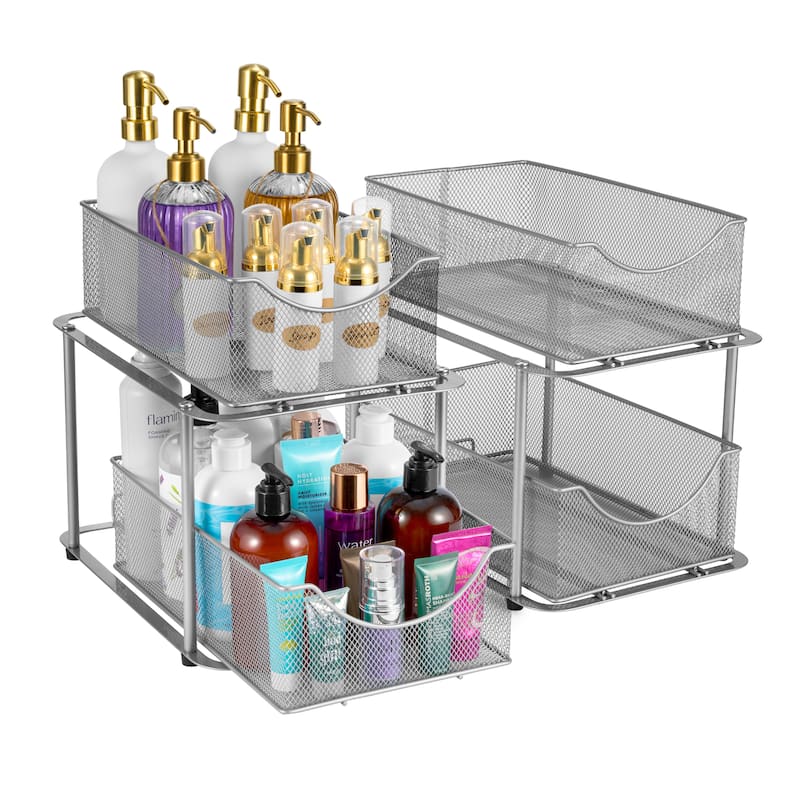 Sorbus 2 Tier Under Sink Bathroom Organizers and Storage (2 Pack) - 14" L x 9.3" W x 12.25" H - Silver