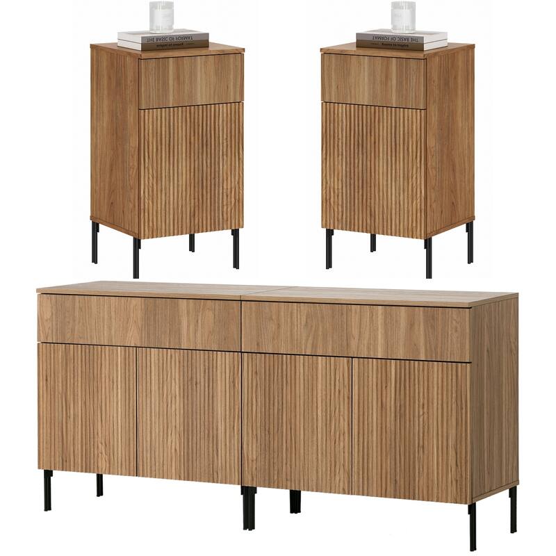 4 Pcs Bedroom Set，Reeded Dresser and Nightstand Sets for Bedroom, Night Stand of 2 with Charging Station - Walnut