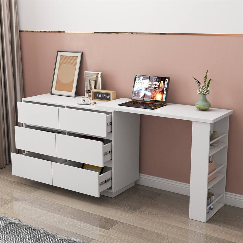 L-Shaped Desk and Vanity Combo with 6 Drawers and Extendable Tabletop