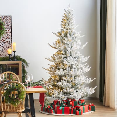 Glitzhome 7.5ft/9ft Pre-Lit Flocked Upward Slim Fir Artificial Christmas Tree with Remote Control
