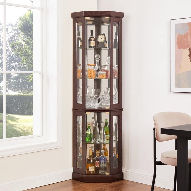 Stylish Corner Display Cabinet with Built-In Lights – Ideal for Showcasing Collectibles, Glassware, or Decor.